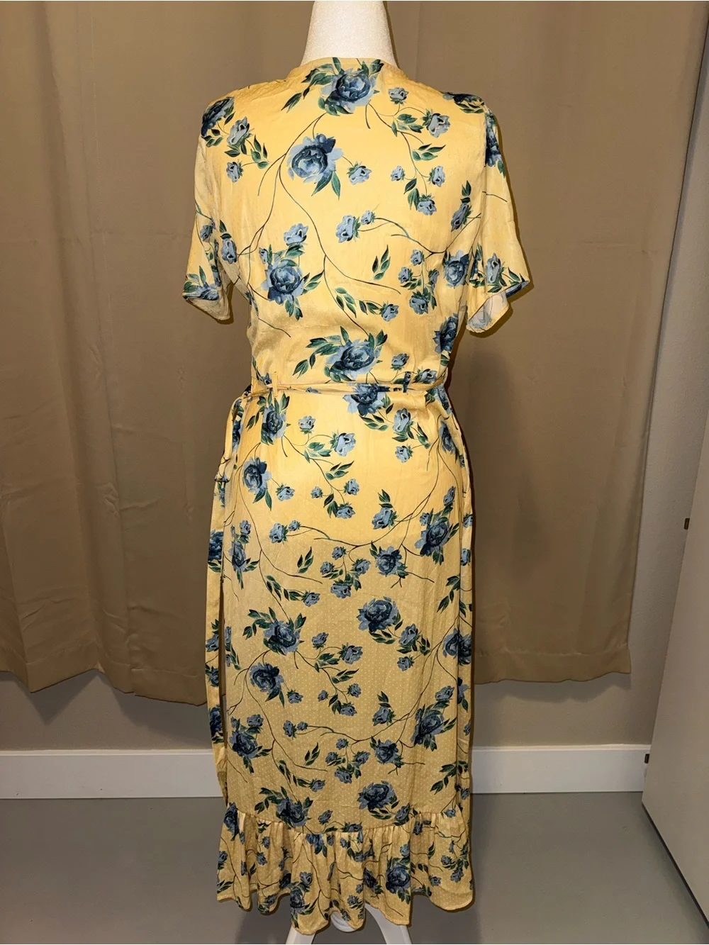 Yellow‎ Floral Wrap Midi Dress with Ruffle Detail